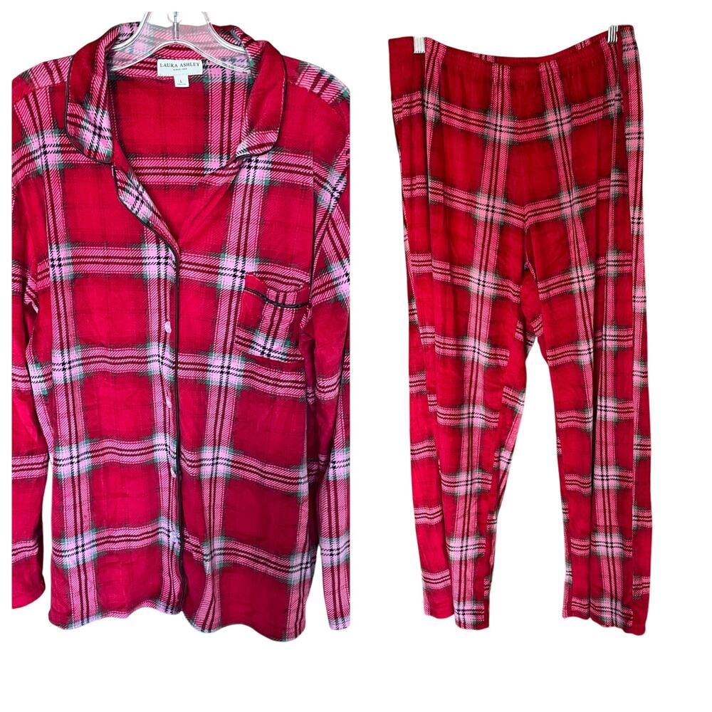Laura Ashley Red Plaid VelourPajama Set Sz L